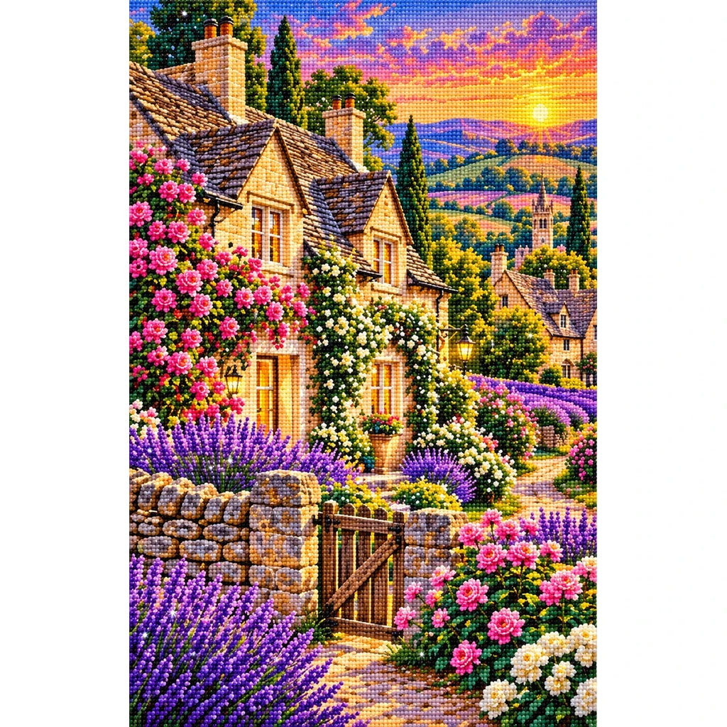 Cotswolds Lavender Cottage finished diamond painting on white