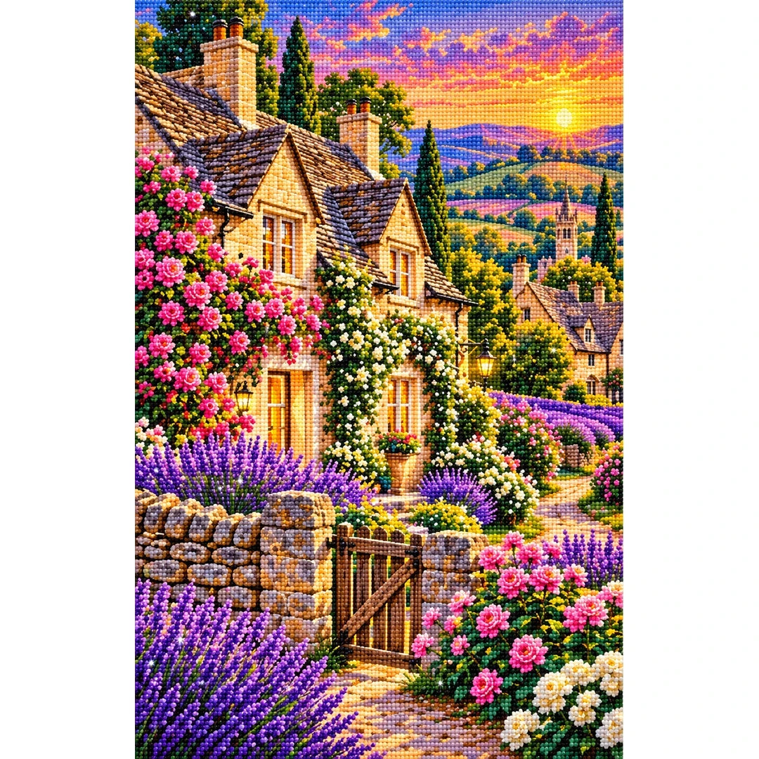 Cotswolds Lavender Cottage finished diamond painting on white