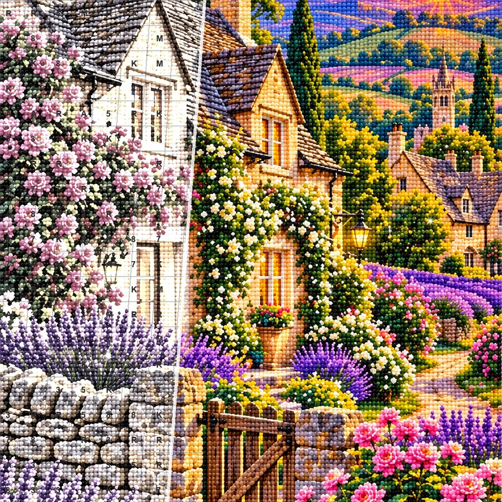 Cotswolds Lavender Cottage canvas and resin drill detail
