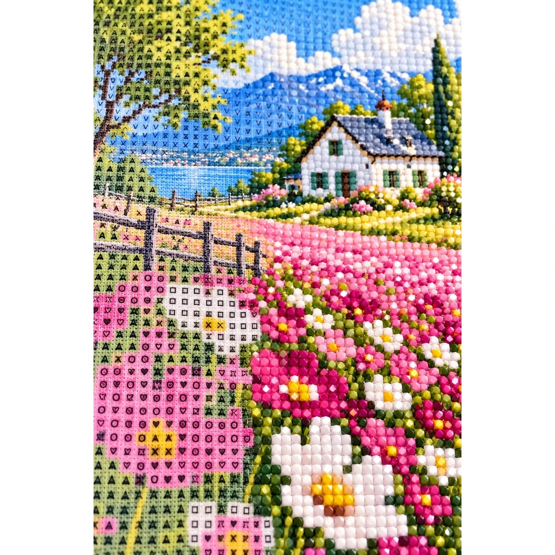 Cottage Cosmos Meadow Diamond Painting Kit diamond and canvas detail