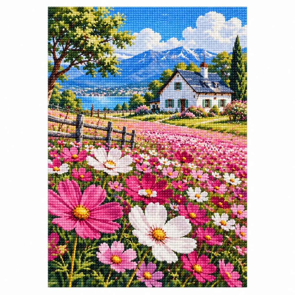 Cottage Cosmos Meadow Diamond Painting Kit finished diamond artwork on white background