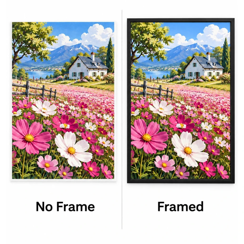 Cottage Cosmos Meadow Diamond Painting Kit No Frame and Framed comparison
