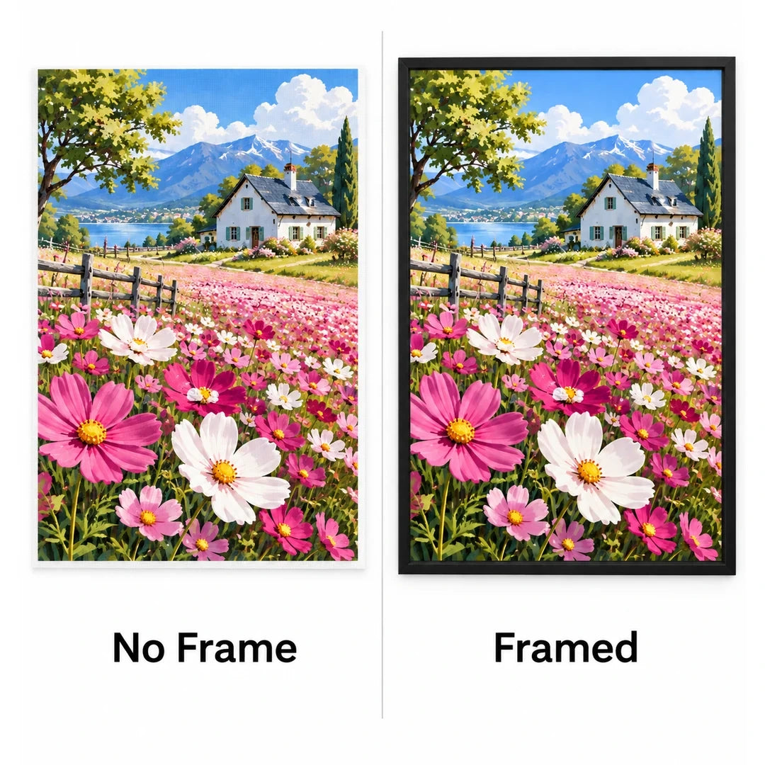 Cottage Cosmos Meadow Diamond Painting Kit No Frame and Framed comparison