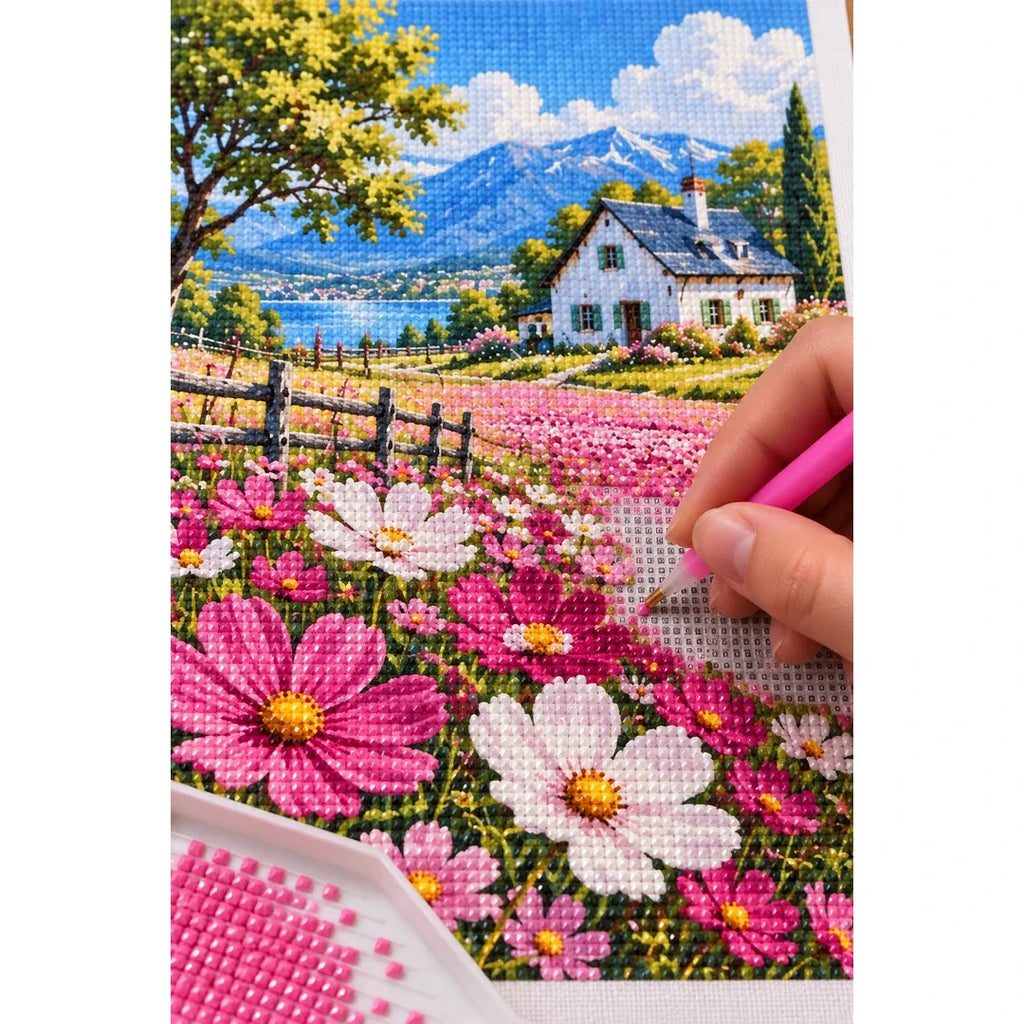 Cottage Cosmos Meadow Diamond Painting Kit diamond placement process