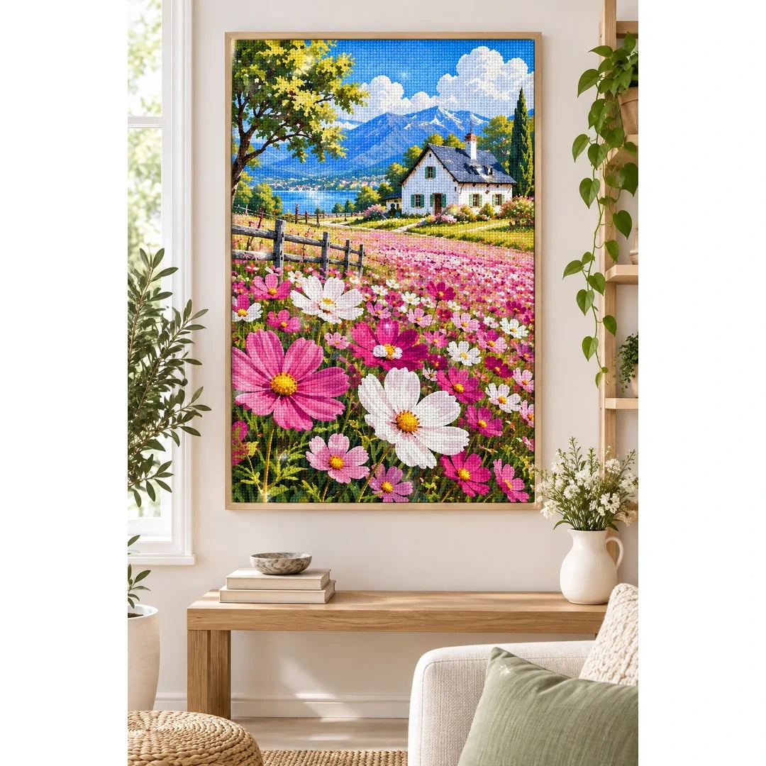 Cottage Cosmos Meadow Diamond Painting Kit home decor scene