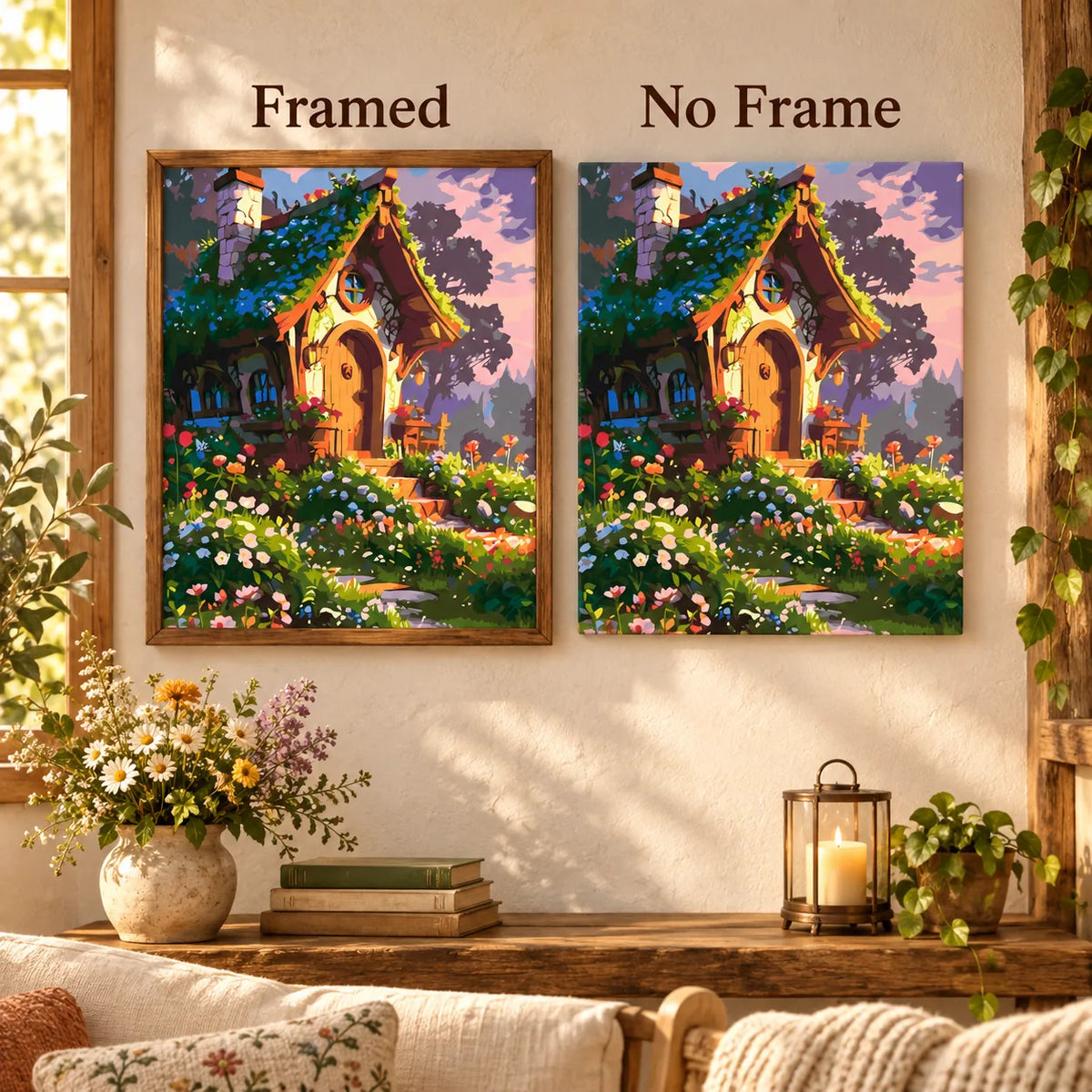 Framed and no-frame comparison for Cottage In Bloom Diamond Painting Kit