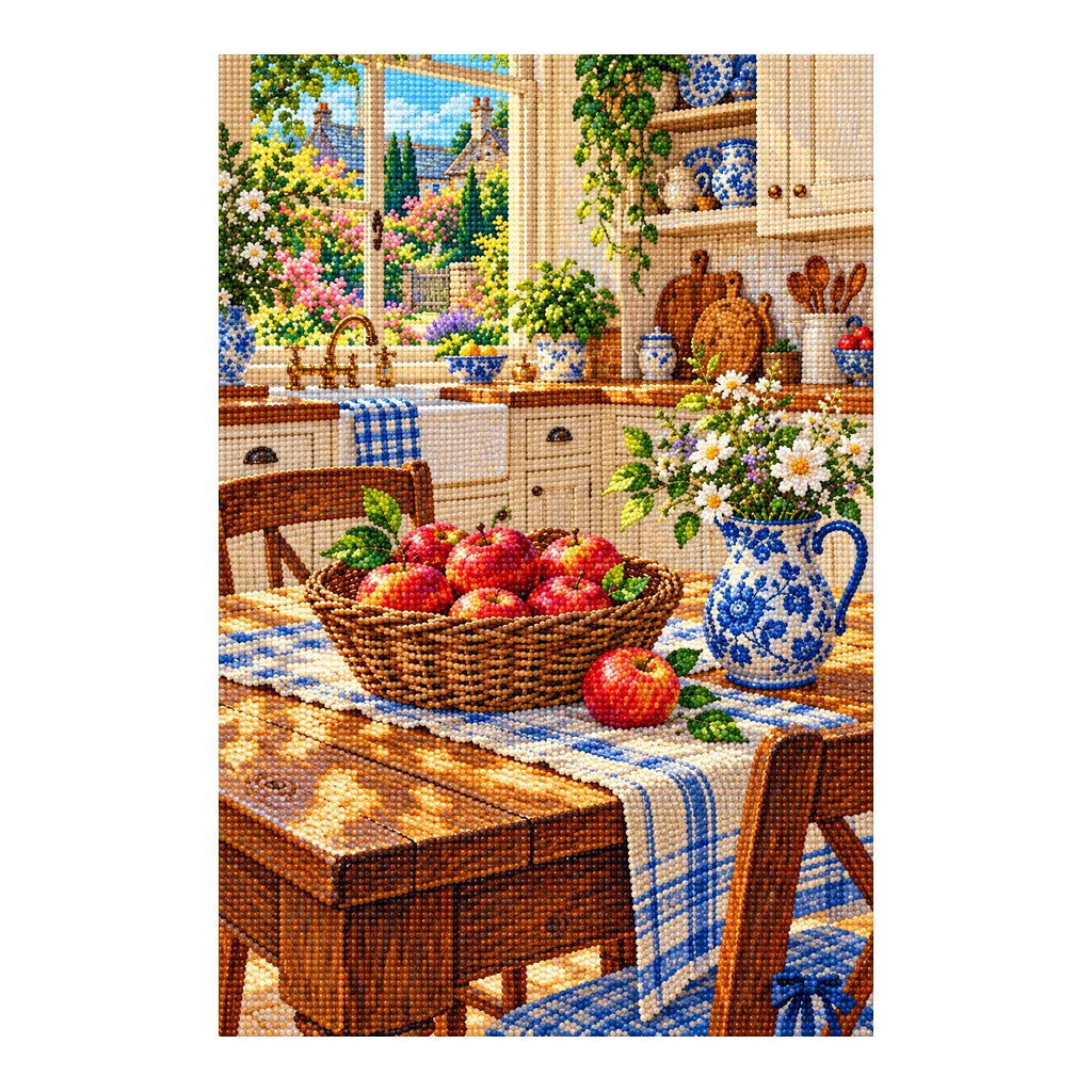 Cottage Kitchen Apples — finished diamond painting on a white background