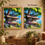 Framed and no-frame comparison for Cottage Under The Great Oak Diamond Painting Kit