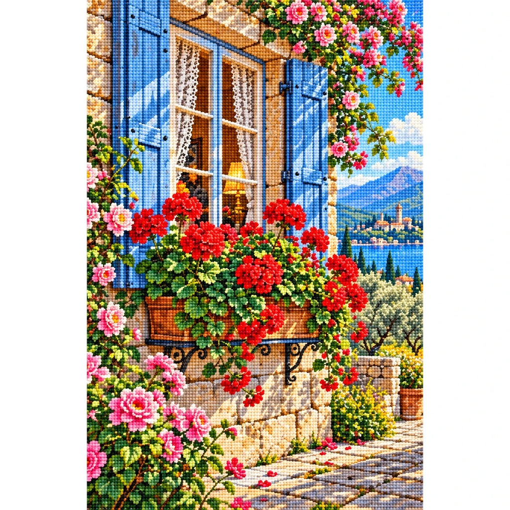 Cottage Window Geraniums — finished diamond painting on a white background