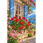 Cottage Window Geraniums — finished diamond painting on a white background