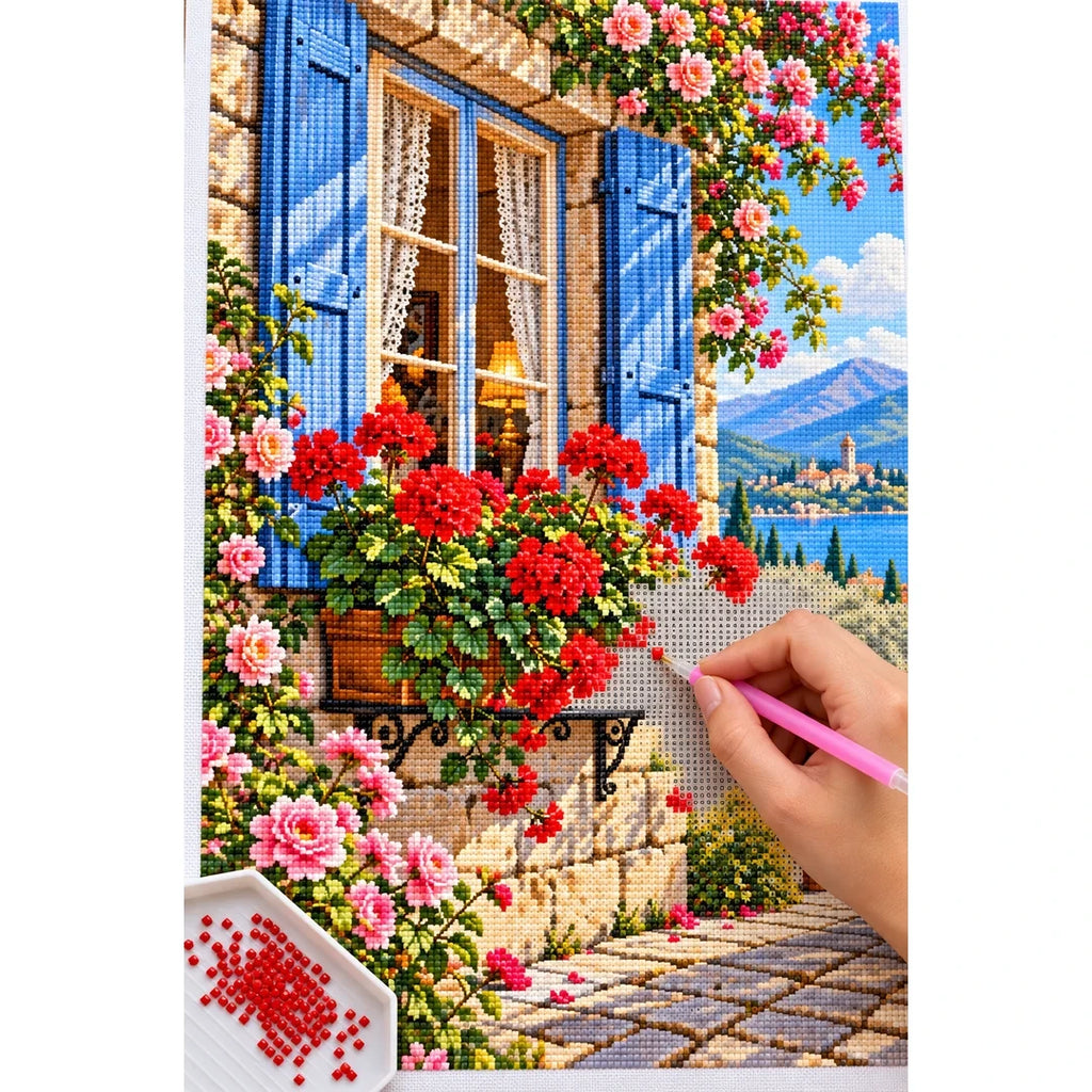 Cottage Window Geraniums — diamond painting process with applicator pen