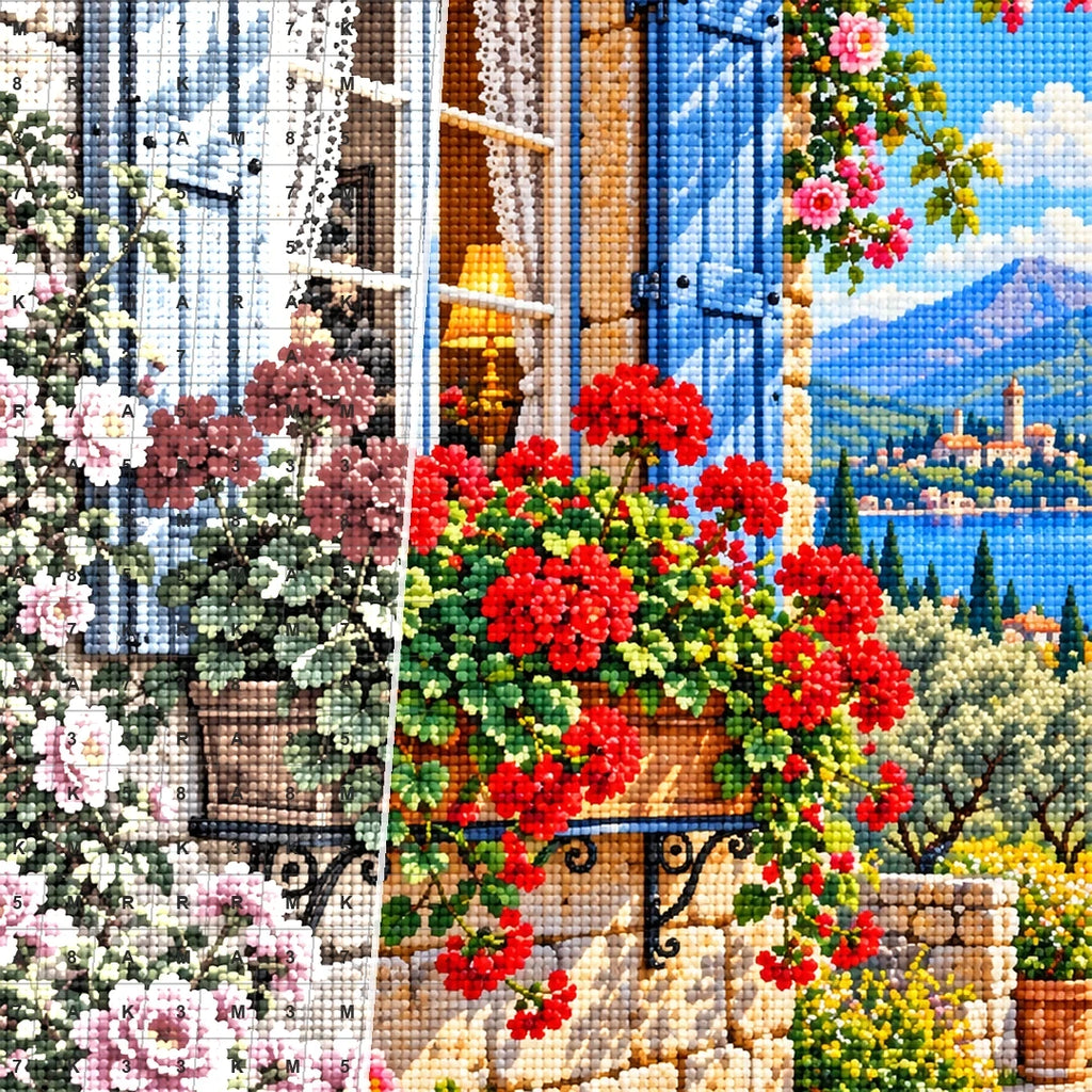 Cottage Window Geraniums — close-up canvas and resin drill detail