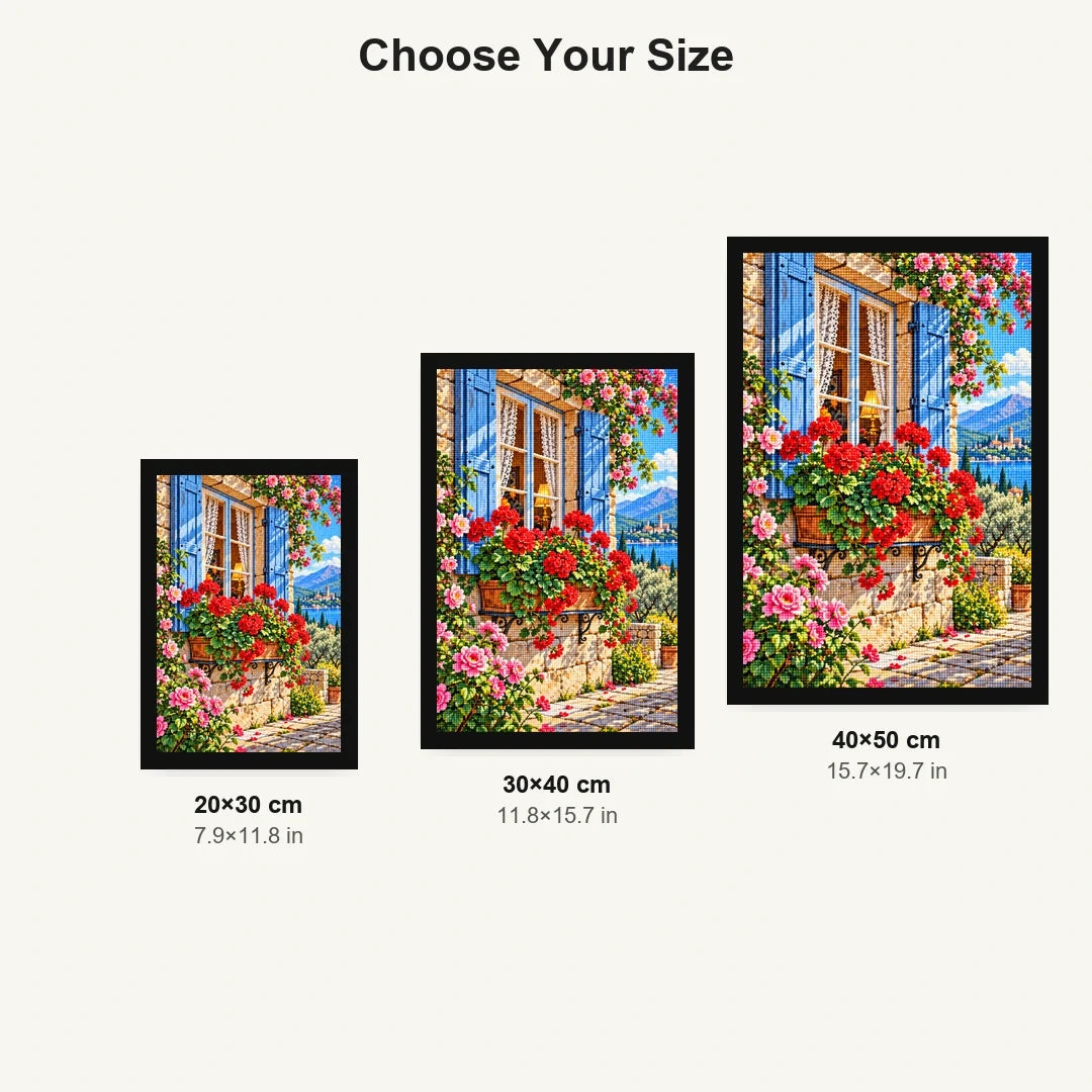 Cottage Window Geraniums — size comparison for 20 × 30, 30 × 40 and 40 × 50 cm