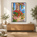 Cottage Window Geraniums — finished diamond painting displayed in a home interior