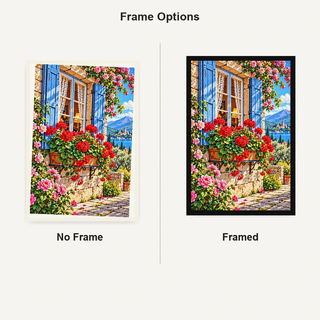 Cottage Window Geraniums — No Frame and Framed style comparison
