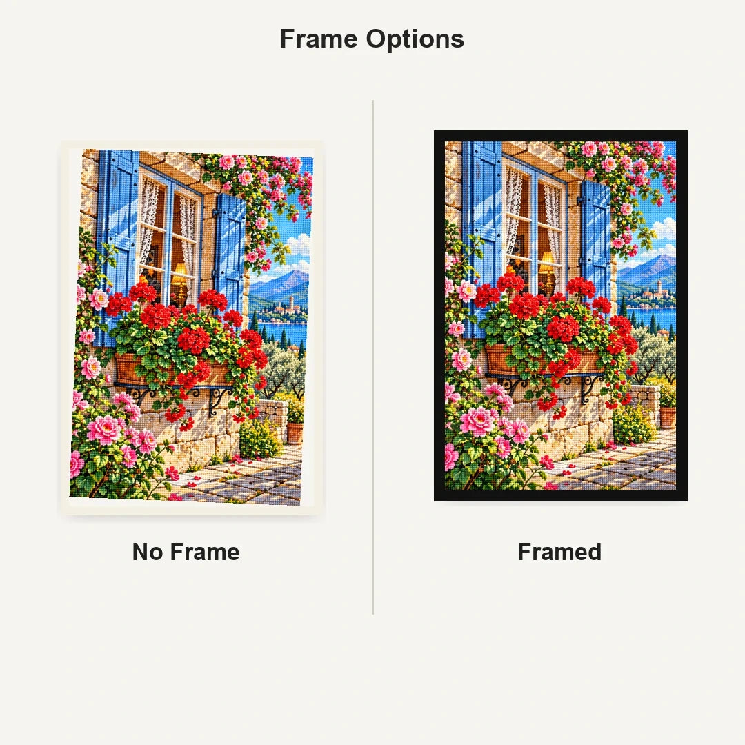 Cottage Window Geraniums — No Frame and Framed style comparison