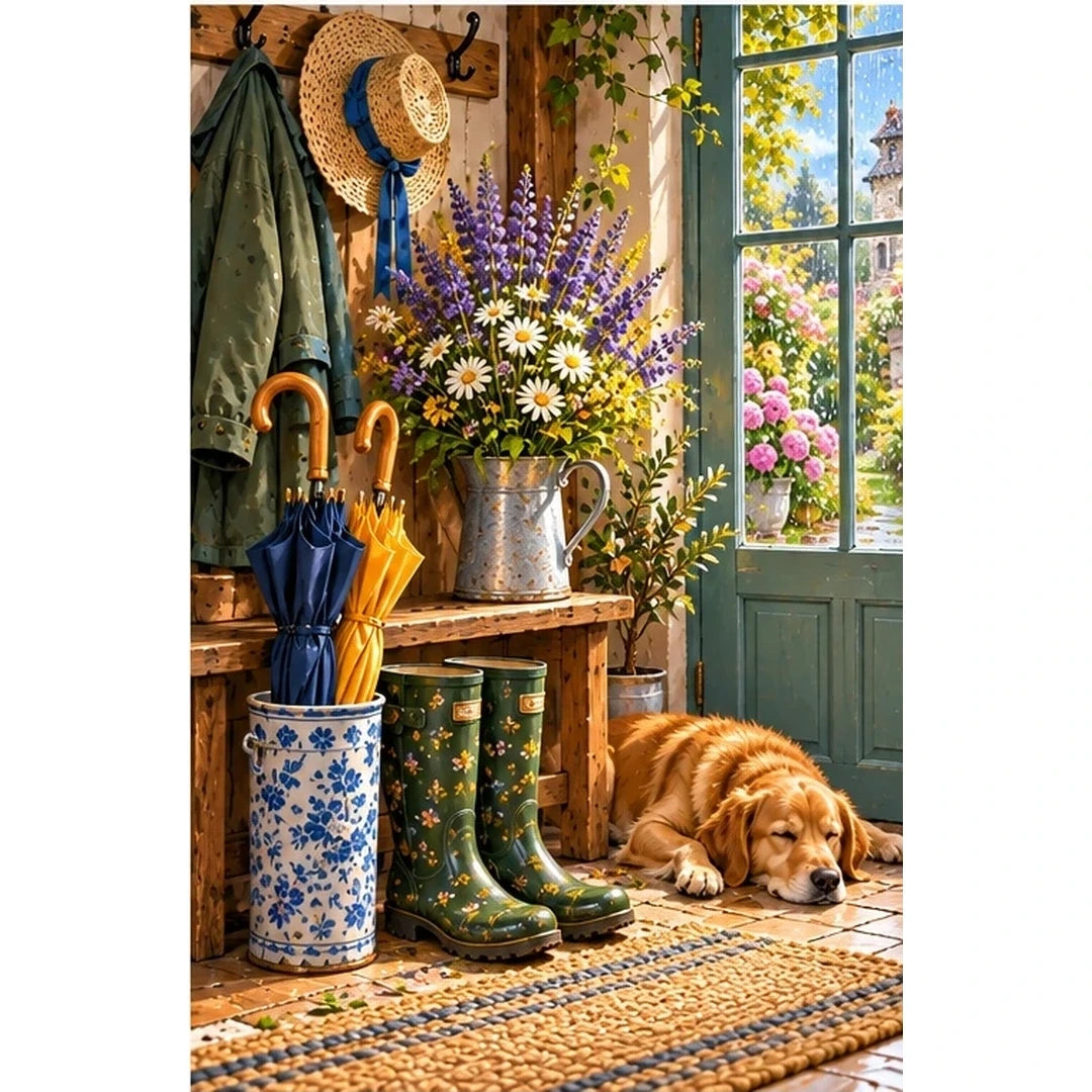 Country Entryway Boots Lavender — original artwork on a clean white background