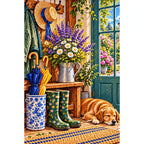 Country Entryway Boots Lavender — finished diamond painting on a white background