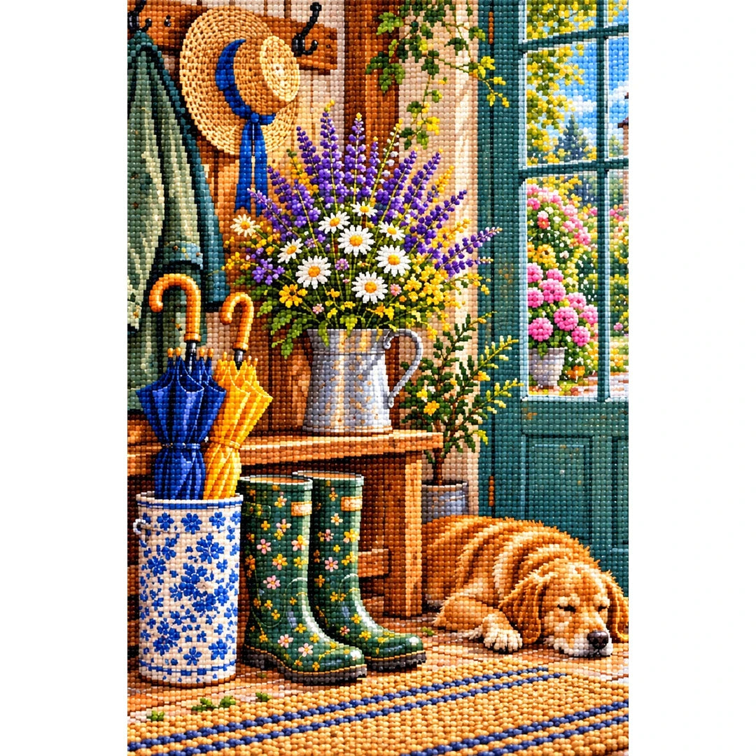 Country Entryway Boots Lavender — finished diamond painting on a white background