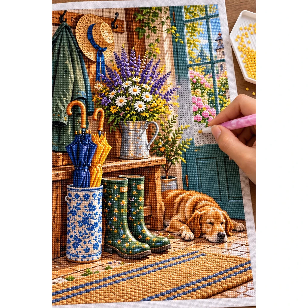 Country Entryway Boots Lavender — diamond painting process with applicator pen