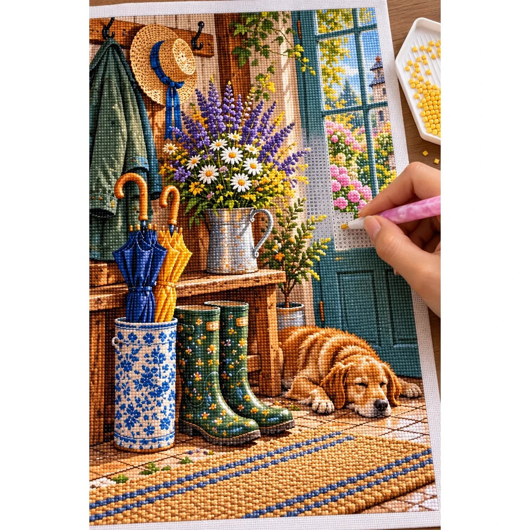 Country Entryway Boots Lavender — diamond painting process with applicator pen