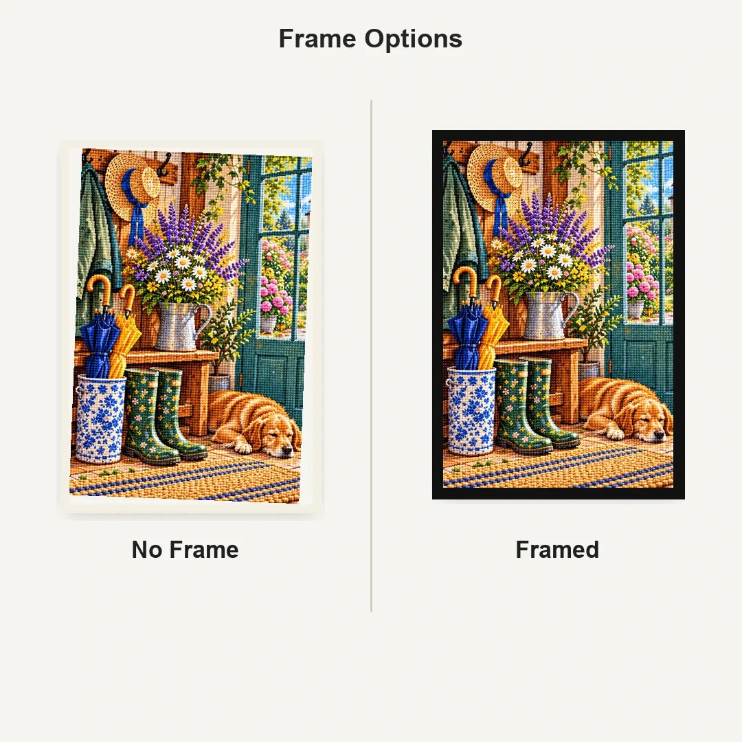 Country Entryway Boots Lavender — No Frame and Framed style comparison