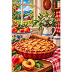 Country Kitchen Peach Pie — finished diamond painting on a white background