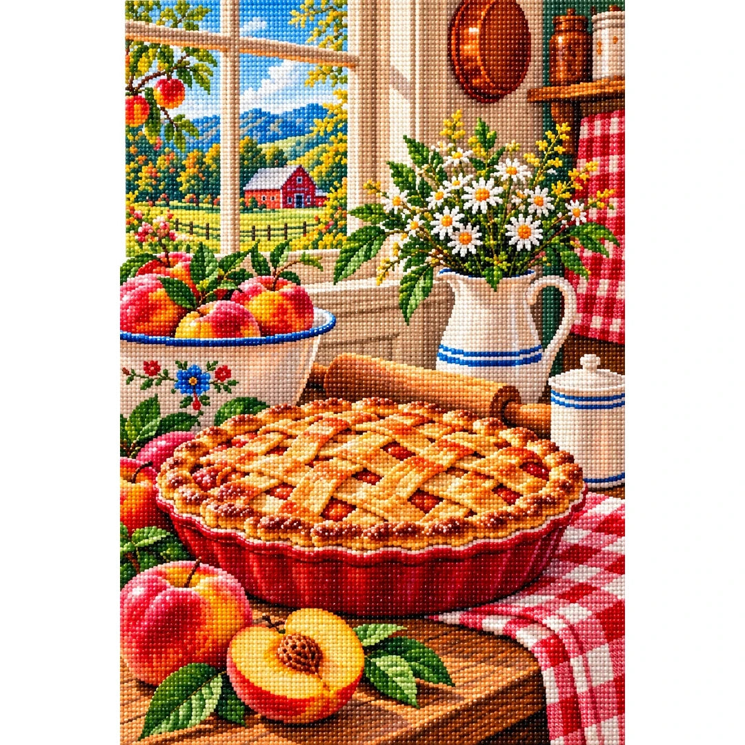 Country Kitchen Peach Pie — finished diamond painting on a white background