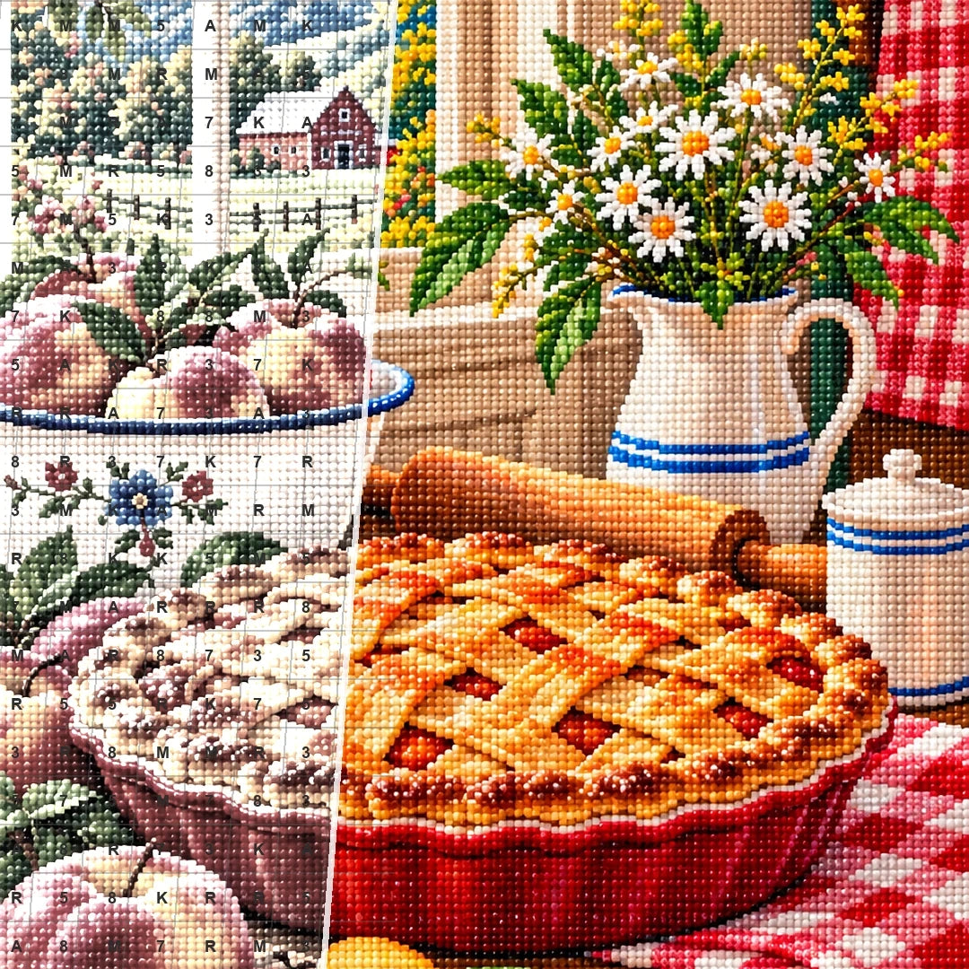 Country Kitchen Peach Pie — close-up canvas and resin drill detail