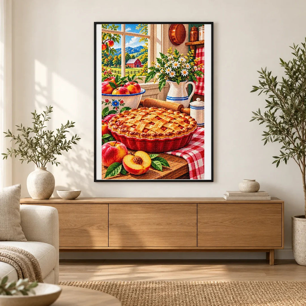 Country Kitchen Peach Pie — finished diamond painting displayed in a home interior