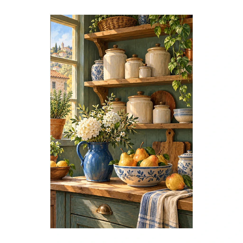 Original white-background artwork of pears, ceramic jars, and daisies in a country pantry
