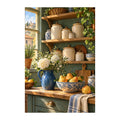Original white-background artwork of pears, ceramic jars, and daisies in a country pantry