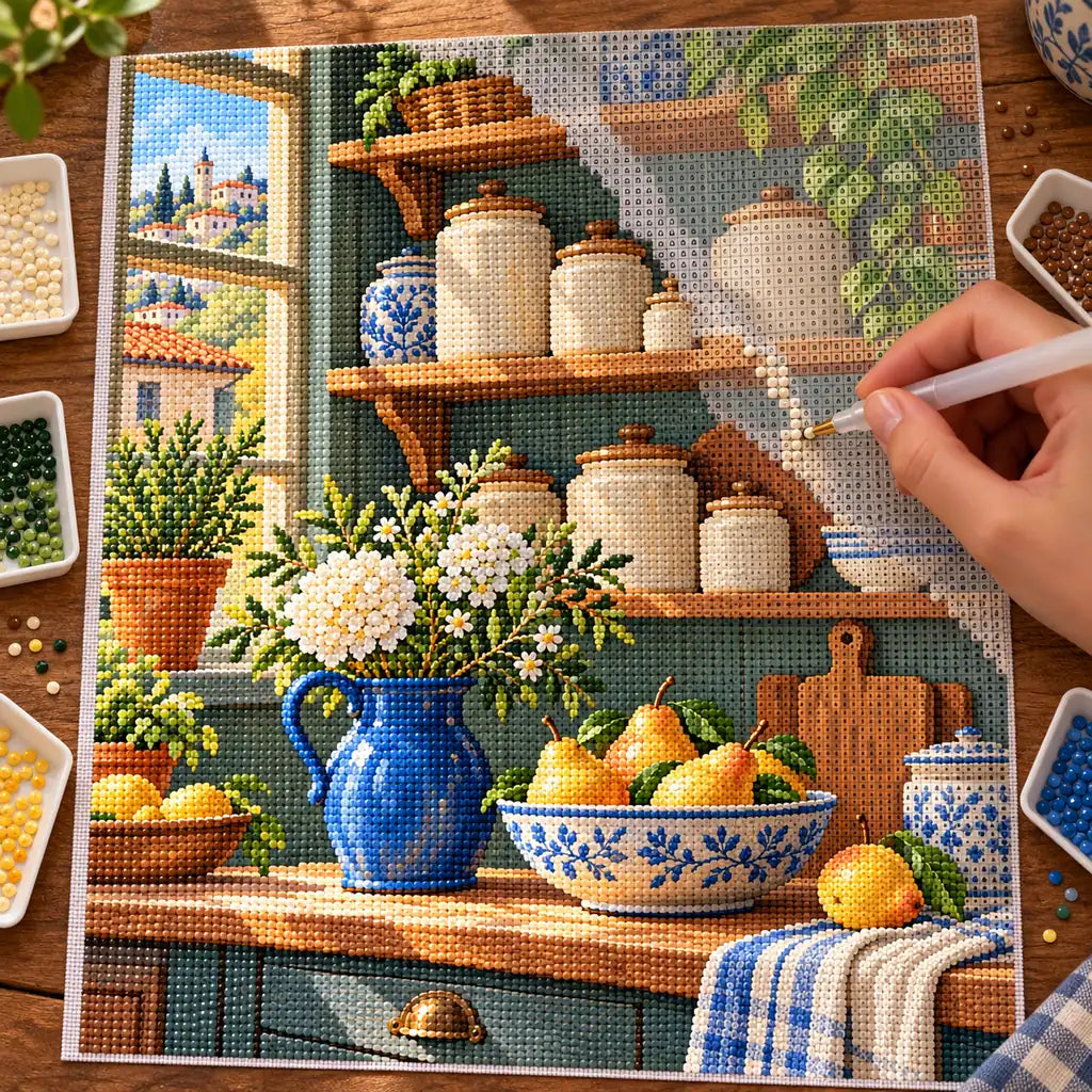 Hands placing drills on the country pantry pears diamond painting