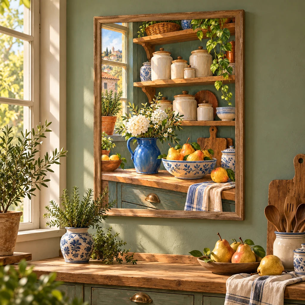 Country pantry pears diamond painting displayed in a home interior