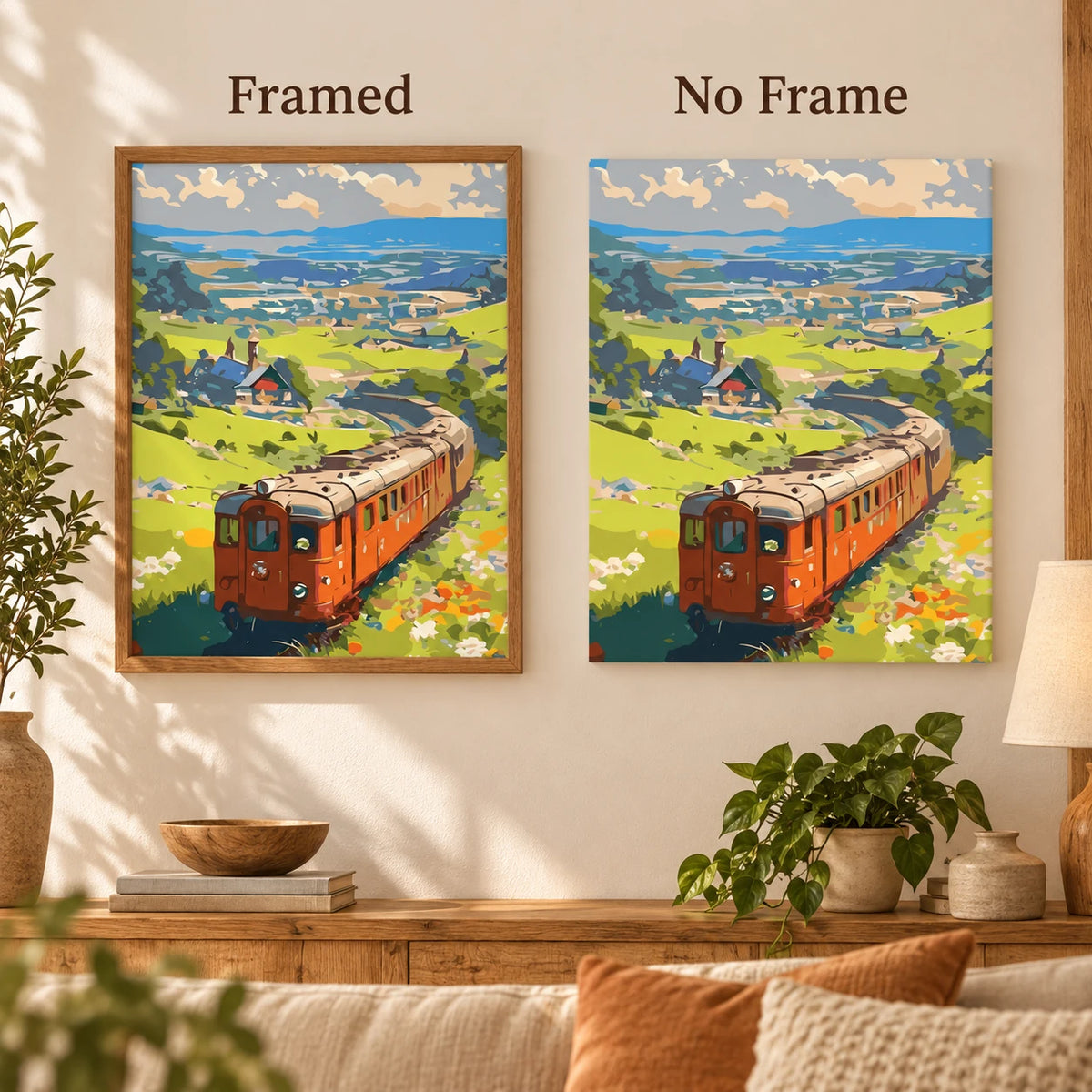 Framed and no-frame comparison for Countryside Rail Journey Diamond Painting Kit