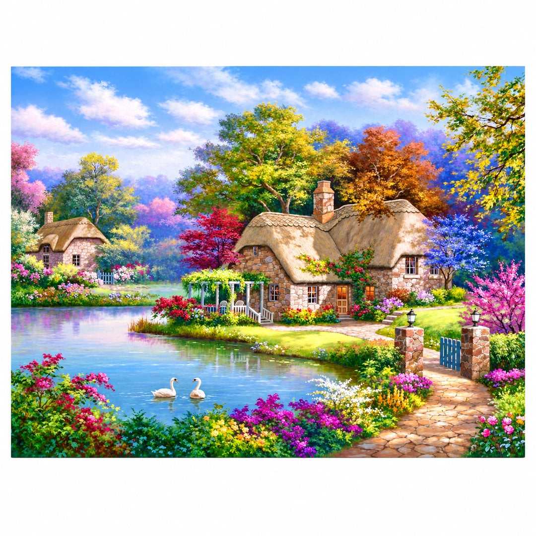 Countryside Swan Cottage Diamond Painting Kit finished landscape diamond painting product