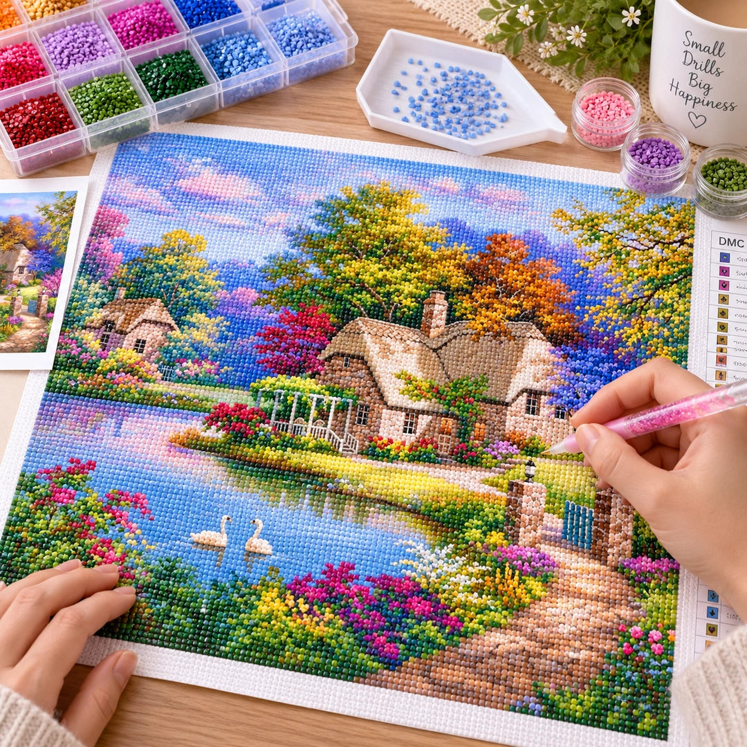 Countryside Swan Cottage Diamond Painting Kit diamond painting process