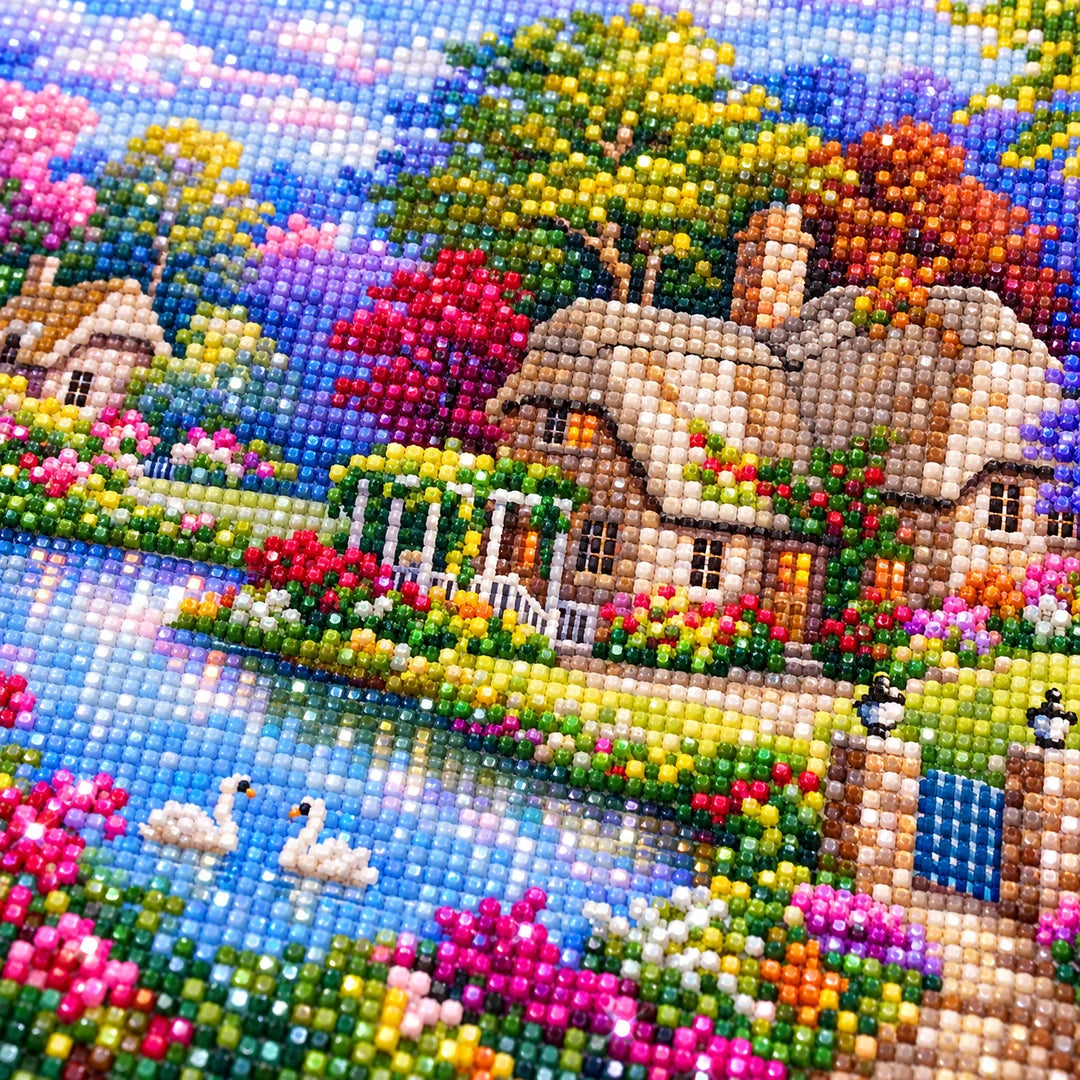 Countryside Swan Cottage Diamond Painting Kit diamond painting drills and canvas detail