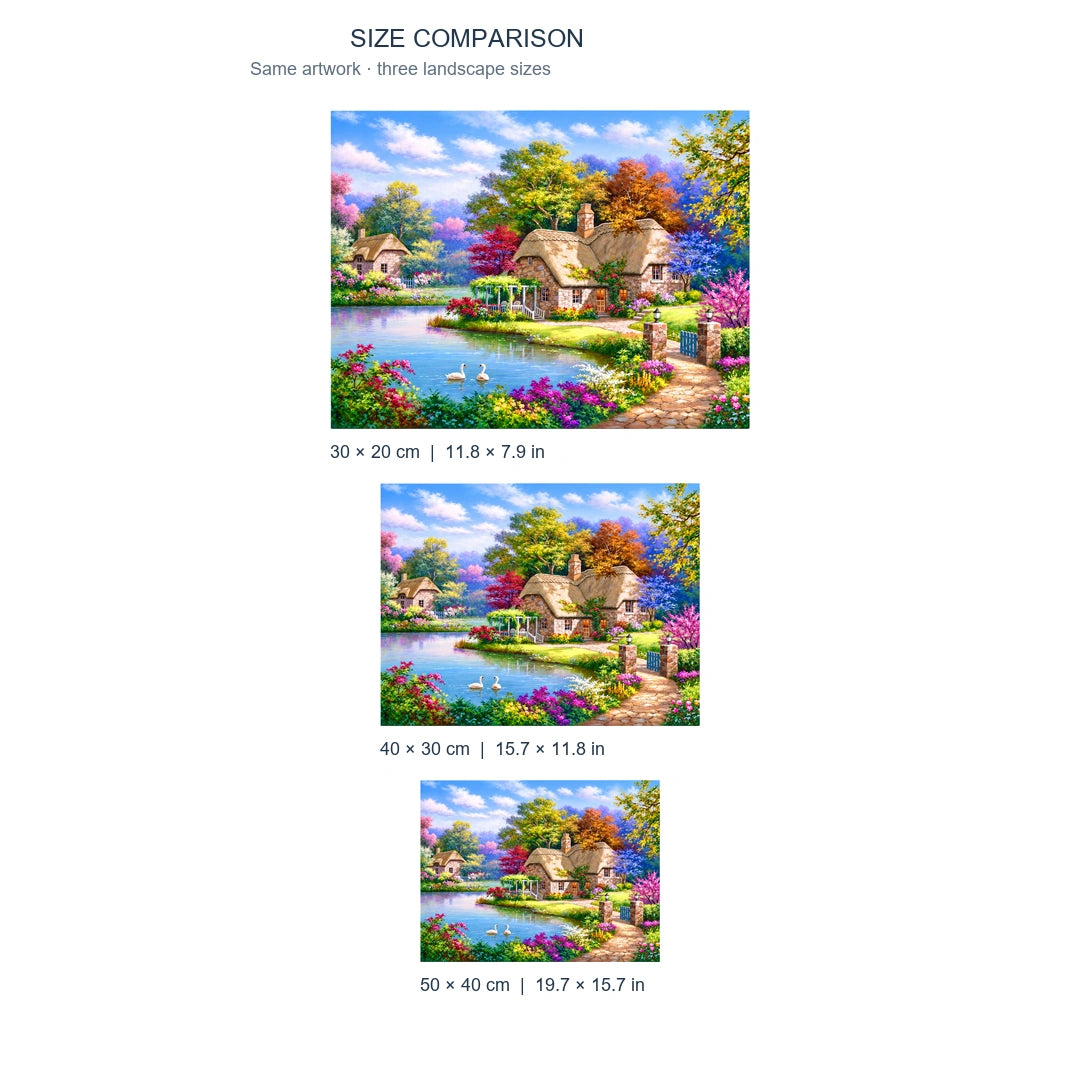 Countryside Swan Cottage Diamond Painting Kit diamond painting landscape size comparison