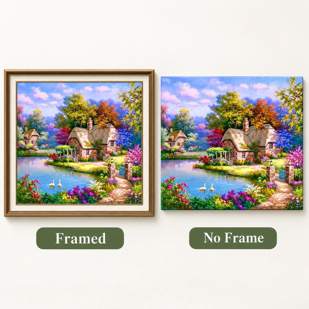 Countryside Swan Cottage Diamond Painting Kit diamond painting No Frame and Framed options