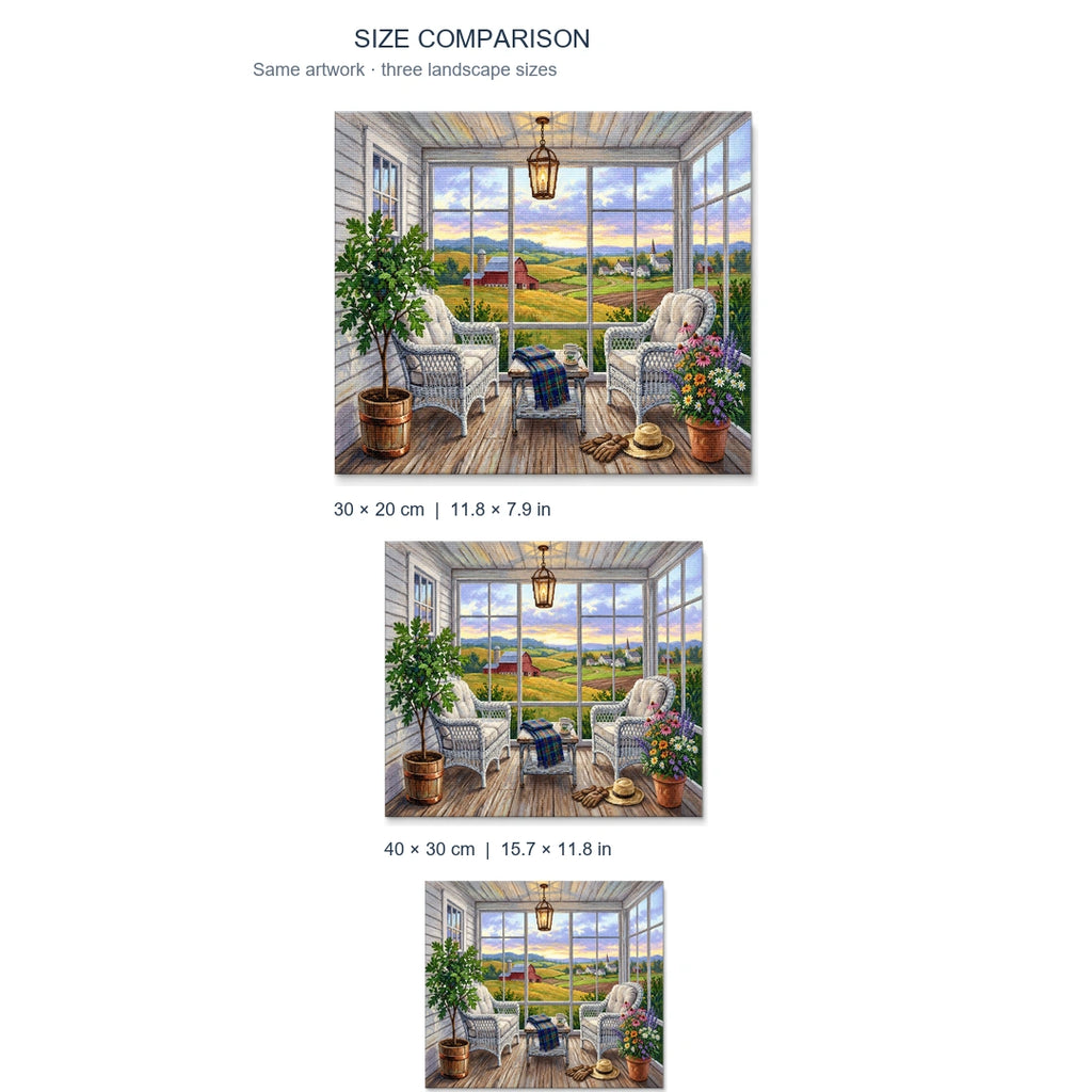 Countryside Window Garden Diamond Painting Kit diamond painting landscape size comparison
