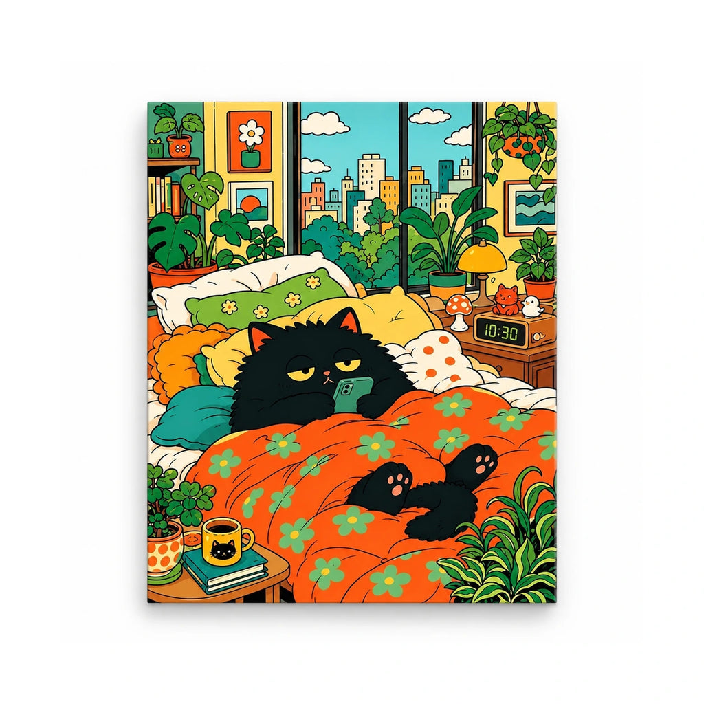 Cozy Black Cat in a City Bedroom Paint by Numbers Kit: finished artwork on a front-facing canvas against a white background