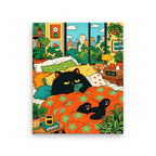 Cozy Black Cat in a City Bedroom Paint by Numbers Kit: finished artwork on a front-facing canvas against a white background