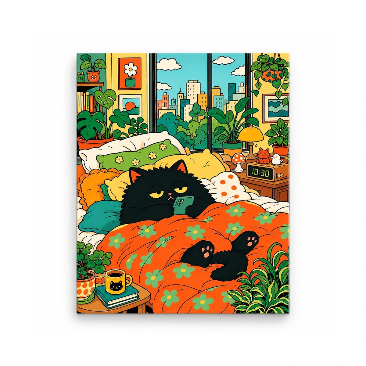 Cozy Black Cat in a City Bedroom Paint by Numbers Kit: finished artwork on a front-facing canvas against a white background