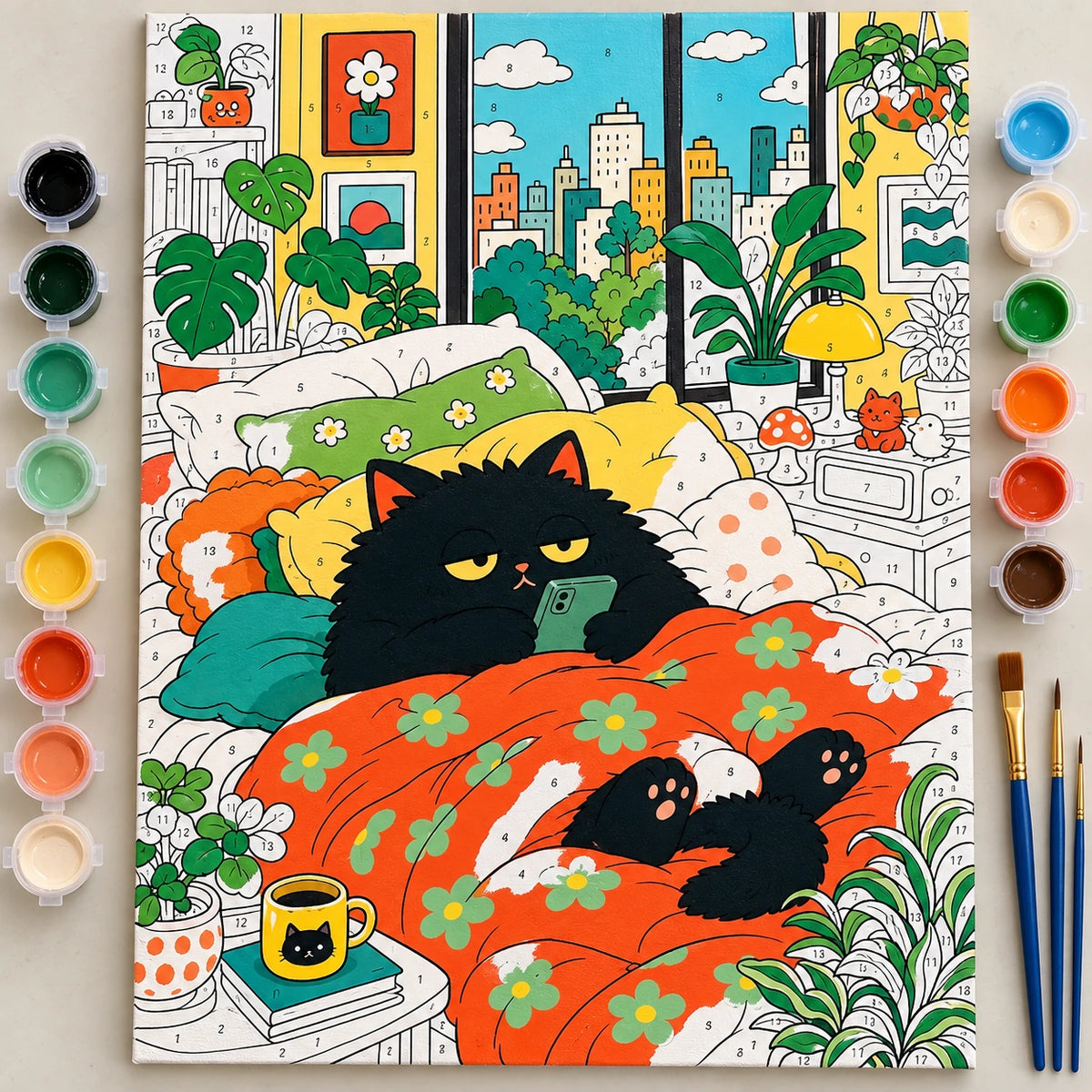 Cozy Black Cat in a City Bedroom Paint by Numbers Kit: complete numbered canvas with paints and brushes arranged for painting
