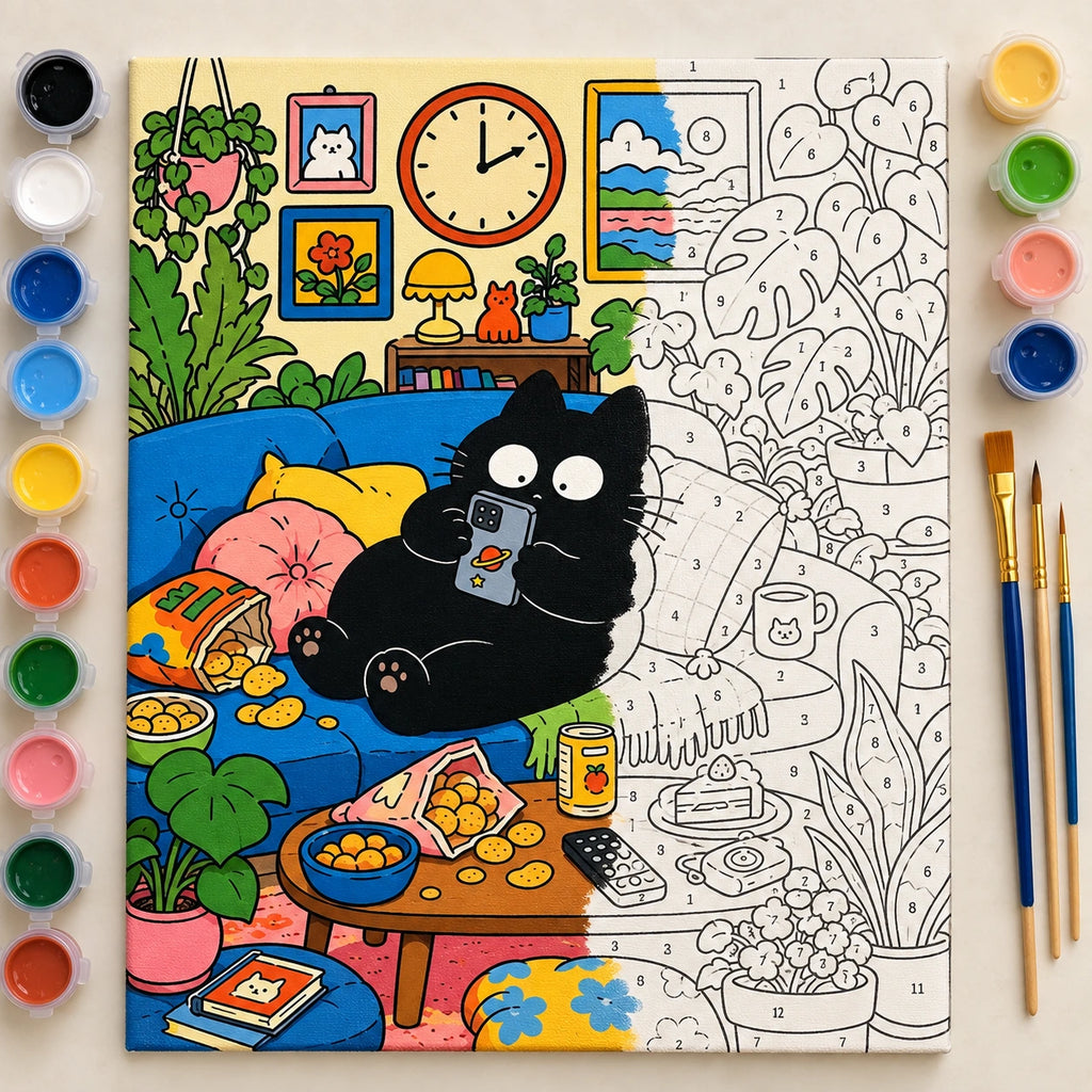 Cozy Black Cat on the Sofa Paint by Numbers Kit: complete numbered canvas with paints and brushes arranged for painting