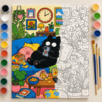 Cozy Black Cat on the Sofa Paint by Numbers Kit: complete numbered canvas with paints and brushes arranged for painting