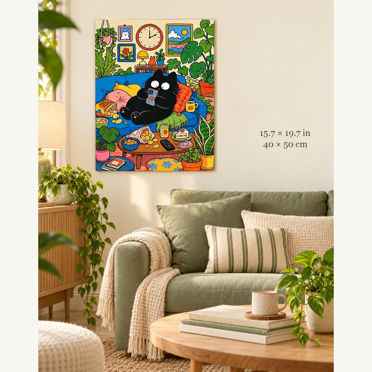 Cozy Black Cat on the Sofa Paint by Numbers Kit: artwork shown in a styled room with 15.7 × 19.7 in and 40 × 50 cm dimensions