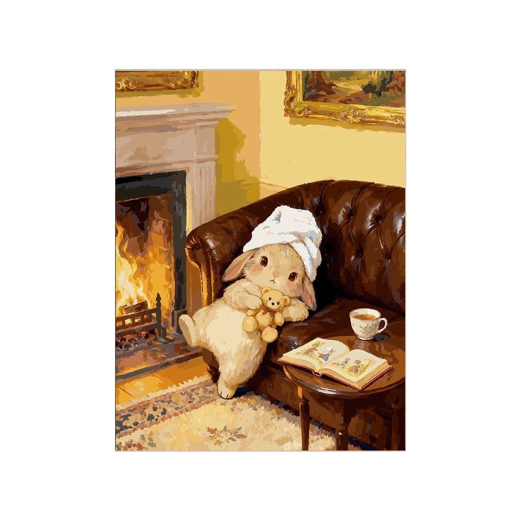 White-background original artwork of a bunny in a knit cap beside a fireplace