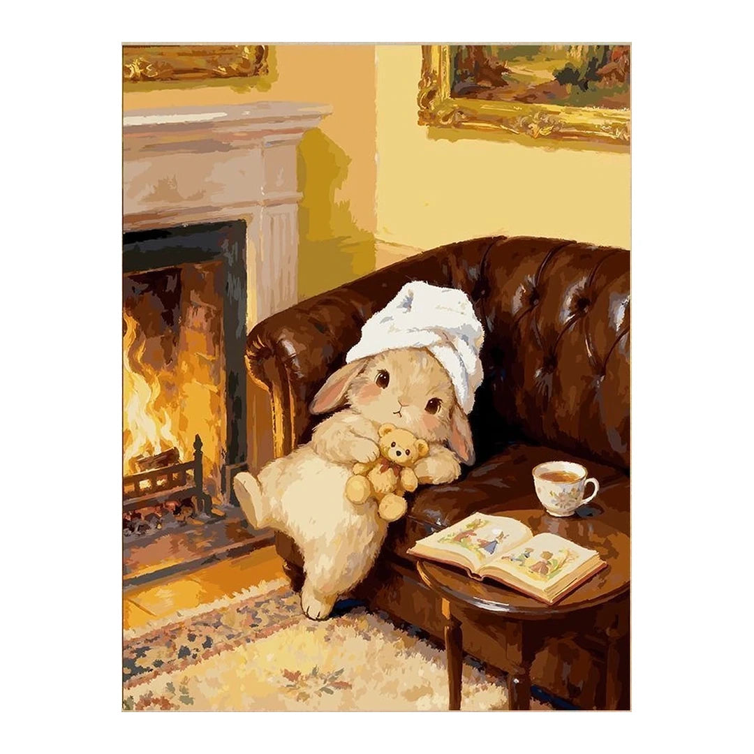 White-background original artwork of a bunny in a knit cap beside a fireplace